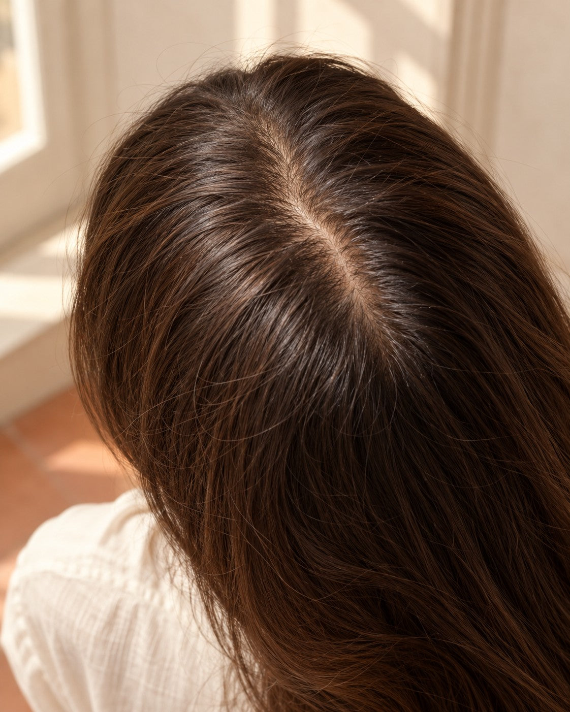 La peau du cuir chevelu visible au niveau de la raie.